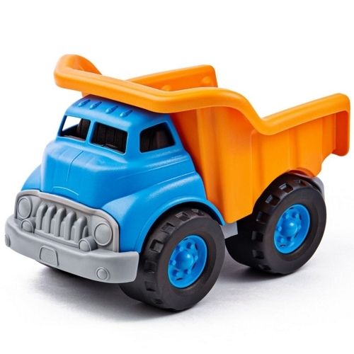 Green Toys blauw-oranje speelgoedkiepwagen met de laadbak omlaag.