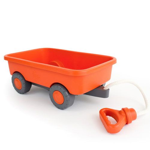 Green Toys oranje trekwagen met grijze wielen en trekkoord.