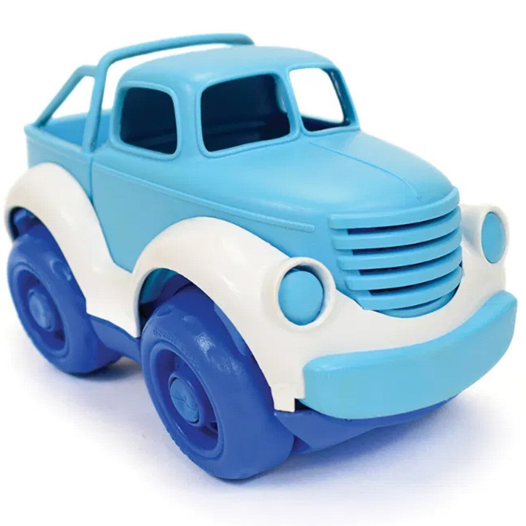 Green Toys blauwe speelgoed pick-up truck met witte spatborden.