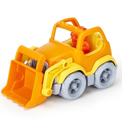 Green Toys oranje plastic shovel speelgoedvoertuig schuin van voren.