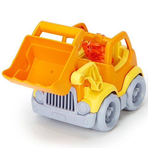 Green Toys oranje plastic shovel speelgoedvoertuig met de schep omhoog.