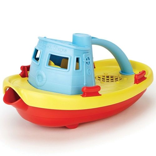 Green Toys sleepboot badspeelgoed in rood, geel en blauw.