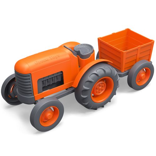 Green Toys oranje speelgoedtractor met aanhanger.