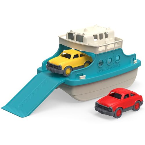 Green Toys veerboot met een gele auto op de boot en een rode auto ernaast.