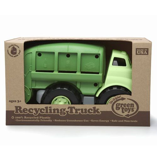 Verpakking van de Green Toys groene speelgoedvuilniswagen.