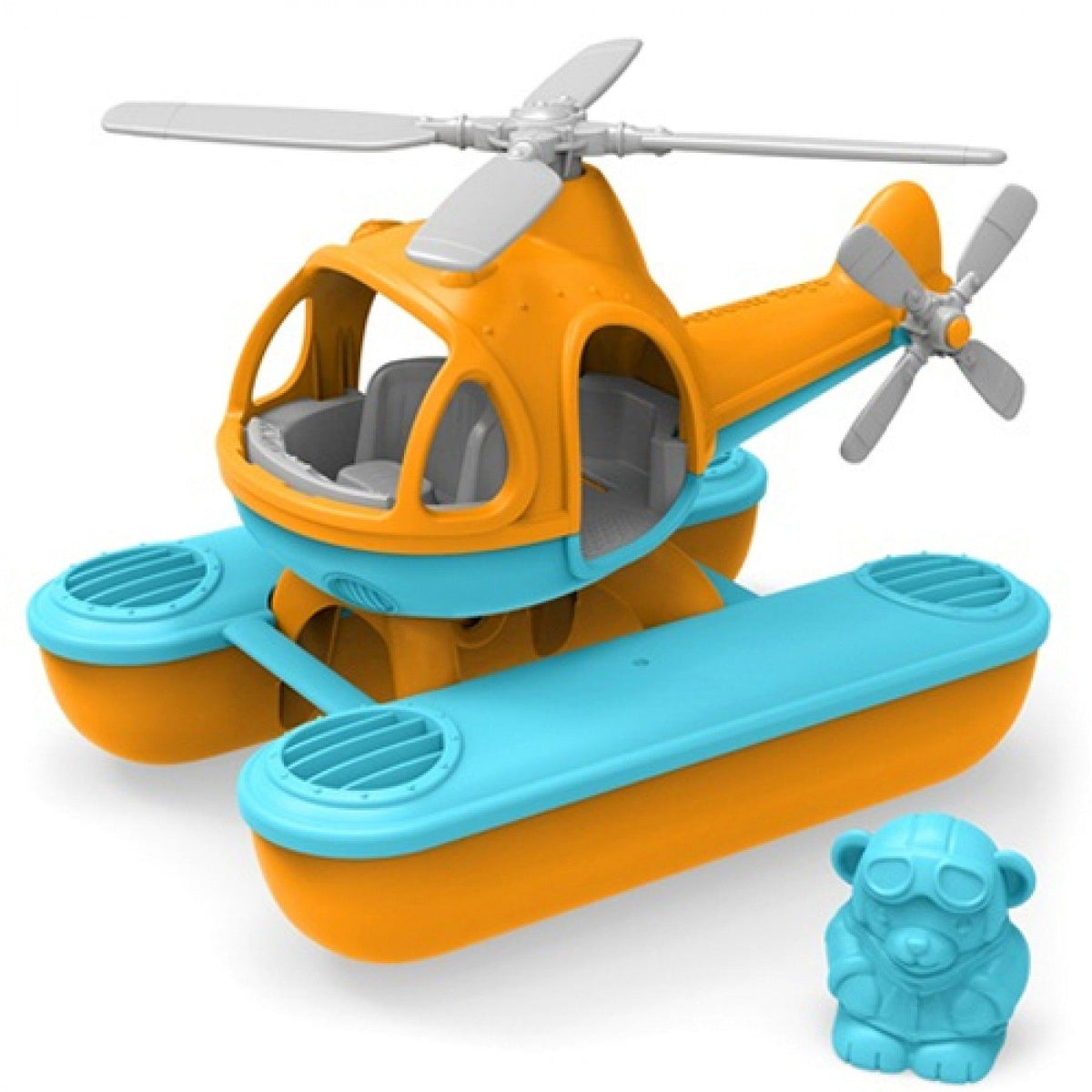 Green Toys oranje zeehelikopter badspeelgoed met blauwe drijvers en een losse blauwe beerfiguur.