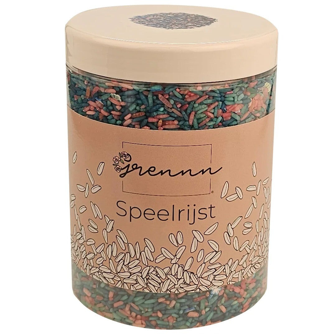 Verpakking van grennn speelrijst mermaid mix in een transparante pot met het merklabel.