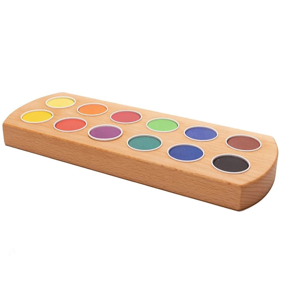Grennn waterverfhouder met 12 verschillende kleuren waterverf in een houten palet.
