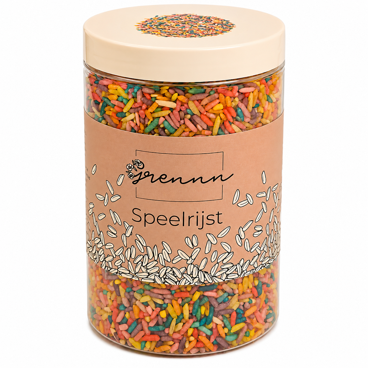 Grennn speelrijst candymix in een transparante pot met beige deksel.