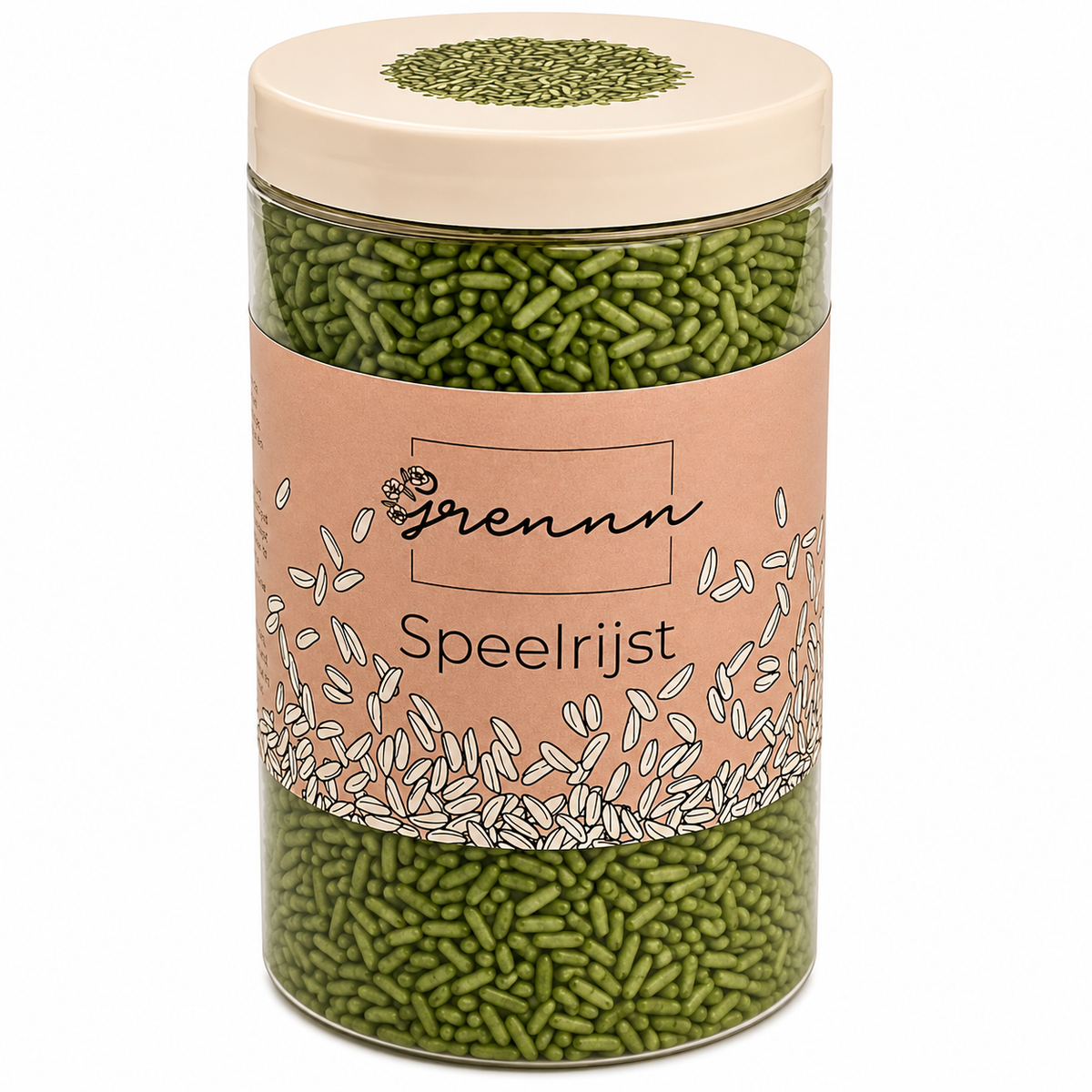 De verpakking van grennn groene speelrijst in een transparante pot met label.