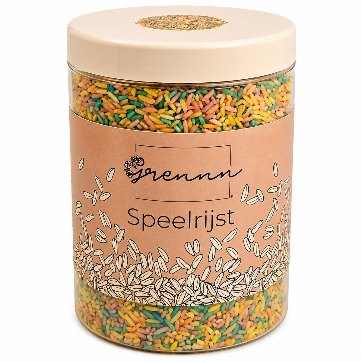 De verpakking van grennn speelrijst pastelmix, een transparante pot met een label en veelkleurige rijstkorrels.