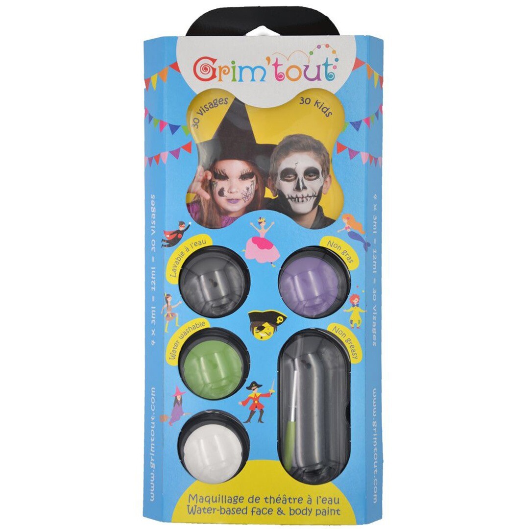Grim'tout schminkset verpakking met afbeeldingen van een heks en een skelet.