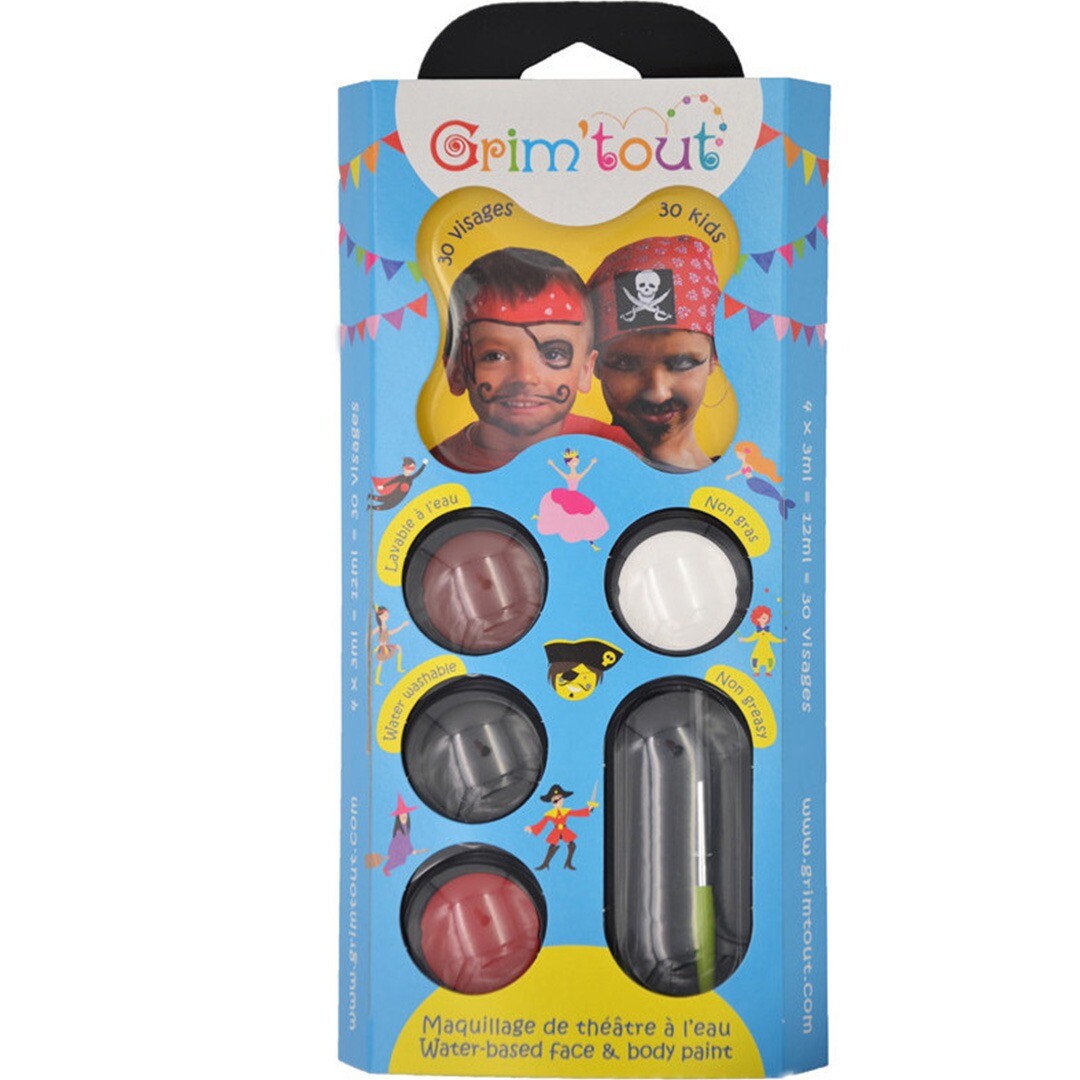 Verpakking van de Grim'tout schminkset met 4 kleuren voor piratenschmink, met voorbeelden van geschminkte kinderen.