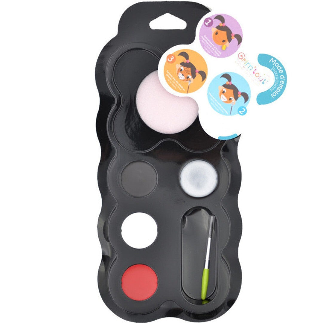 Grim'tout schminkset met vier kleuren, een spons en een kwast in een zwarte tray.