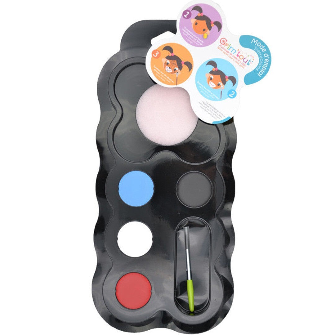 Grim'tout schminkset met vier kleuren schmink (blauw, zwart, wit, rood), een spons en een kwast in een plastic verpakking.