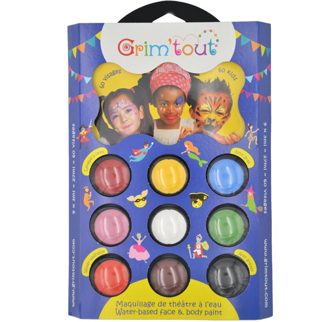 Grim'tout schminkset verpakking met 9 kleuren en voorbeelden van geschminkte kinderen.