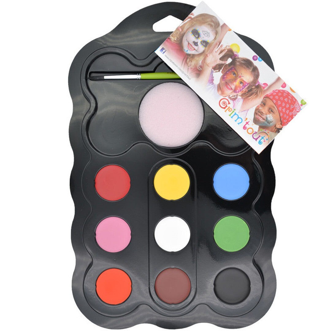 Grim'tout schminkset met 9 kleuren, een spons en een kwast in een zwarte verpakking.