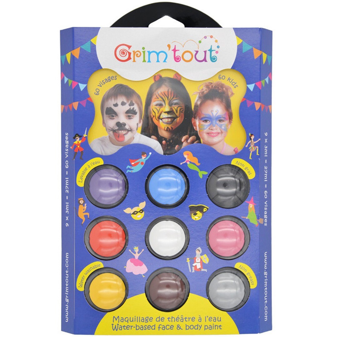 Grim'tout schminkset verpakking met 9 kleuren en voorbeelden van geschminkte kinderen.