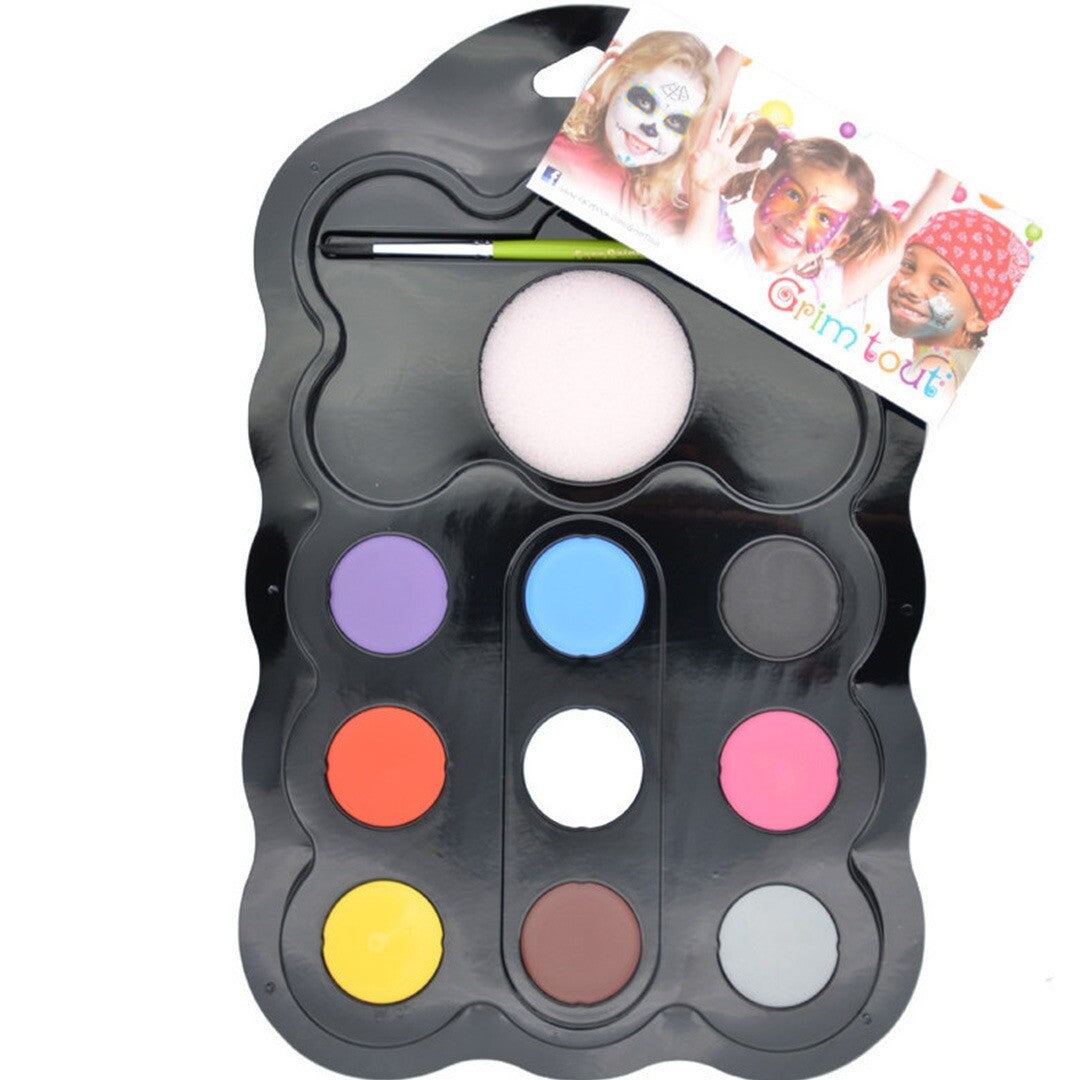 Grim'tout schminkset met 9 kleuren, een spons en een kwast in een zwarte tray.