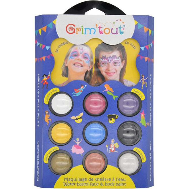 Grim'tout schminkset 9 kleuren verpakking met afbeeldingen van geschminkte kinderen.
