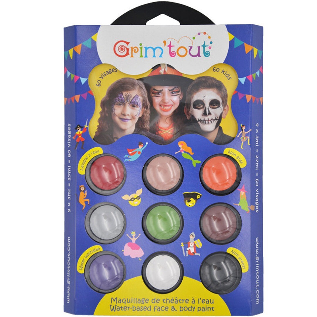 Grim'tout schminkset verpakking met negen kleuren en voorbeelden van geschminkte kinderen.