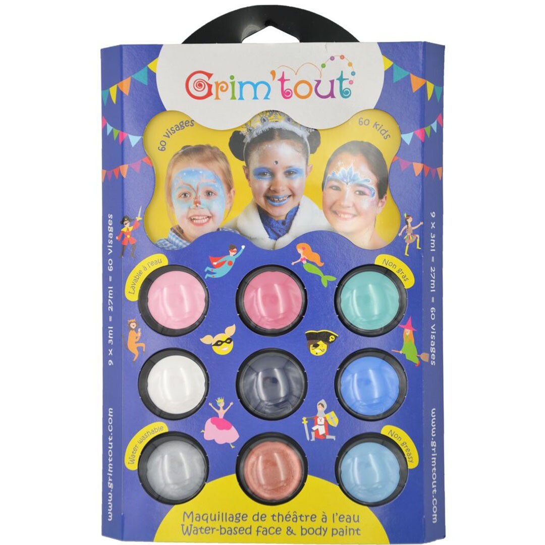 Grim'tout schminkset ijskoningin, de voorkant van de verpakking met negen kleuren schmink en voorbeelden van geschminkte kinderen in winterthema.