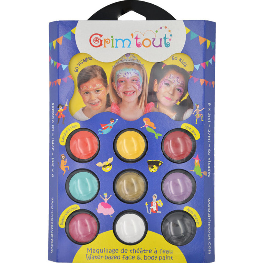 Grim'tout schminkset 9 kleuren prinsessen op de verpakking met drie geschminkte kinderen.