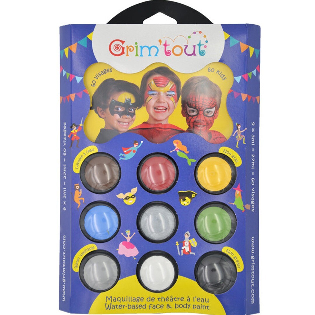 Grim'tout schminkset verpakking met 9 kleuren en voorbeelden van superhelden schmink op kinderen.