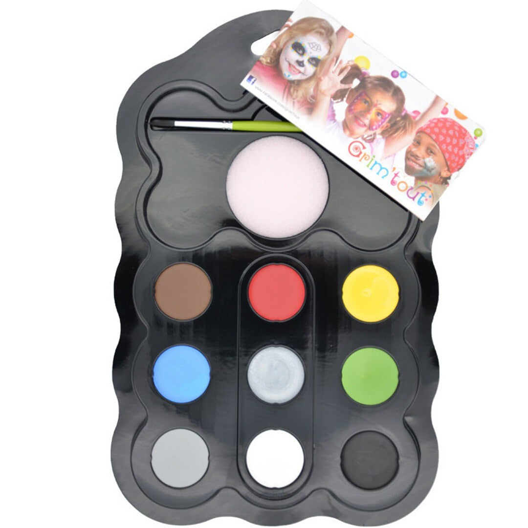 Grim'tout schminkset met 9 kleuren, een kwast en een spons in een zwarte tray.