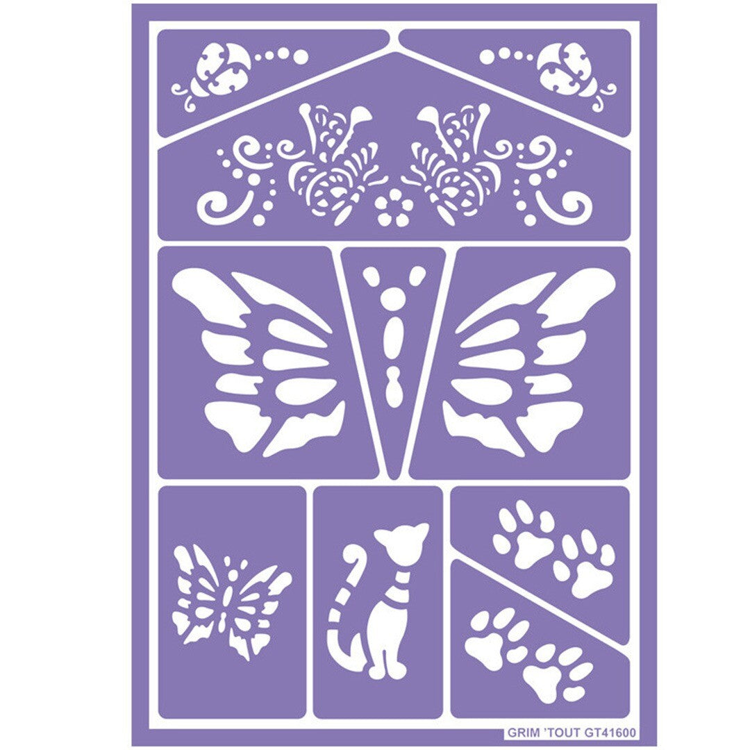 Grim'tout schminkstencil met diverse dierenpatronen, waaronder vlinders, een kat en pootafdrukken.