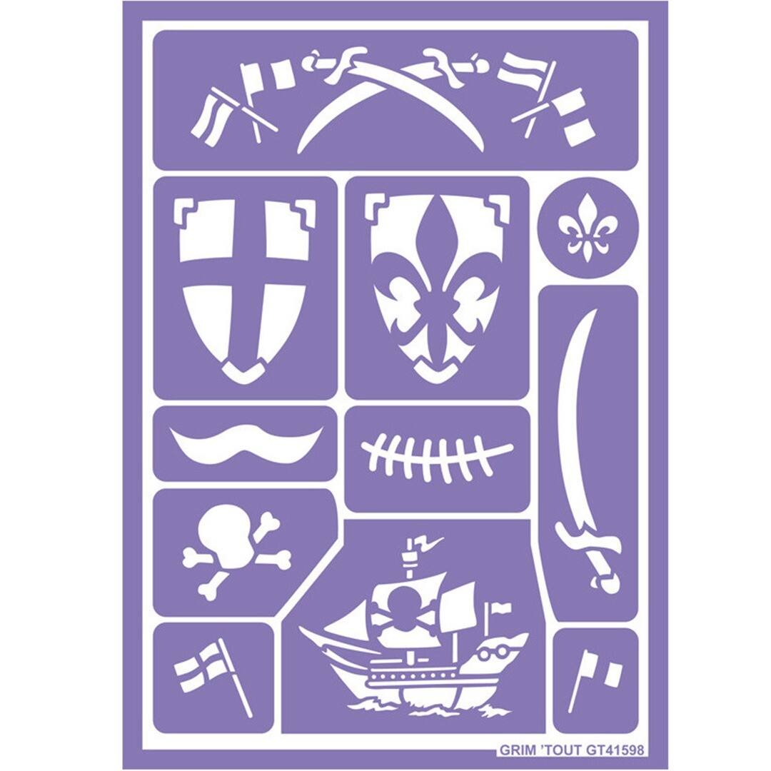 Grim'tout paars schminkstencil met witte ridder- en piraatfiguren, waaronder zwaarden, schilden en een piratenschip.