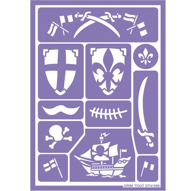 Grim'tout paars schminkstencil met witte ridder- en piraatfiguren, waaronder zwaarden, schilden en een piratenschip.