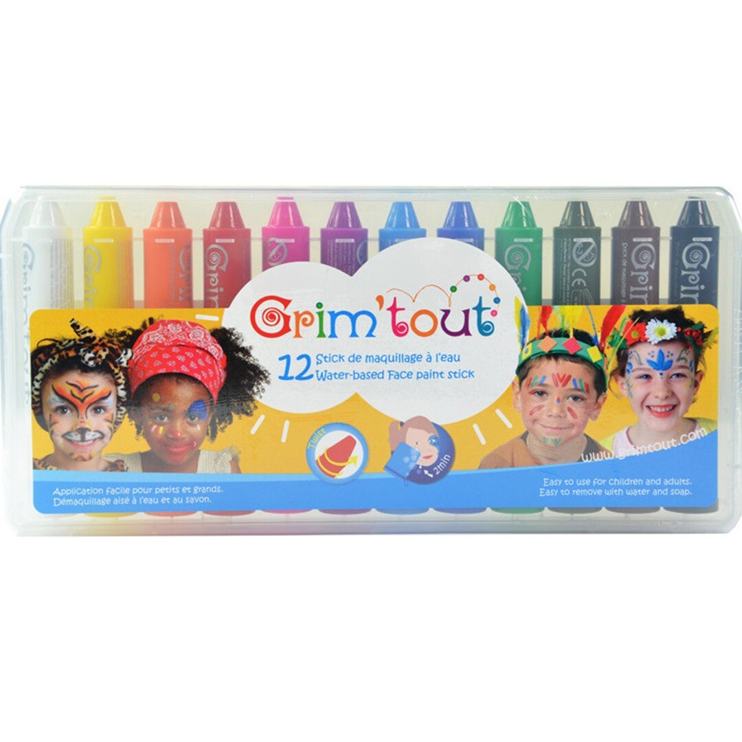 Verpakking van Grim'tout schminkstiften in 12 kleuren met voorbeelden van geschminkte kinderen.