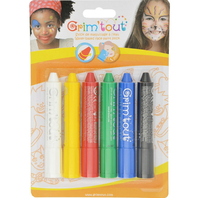 Grim'tout schminkstiften in zes kleuren, verpakt in een blisterverpakking met afbeeldingen van geschminkte kinderen.