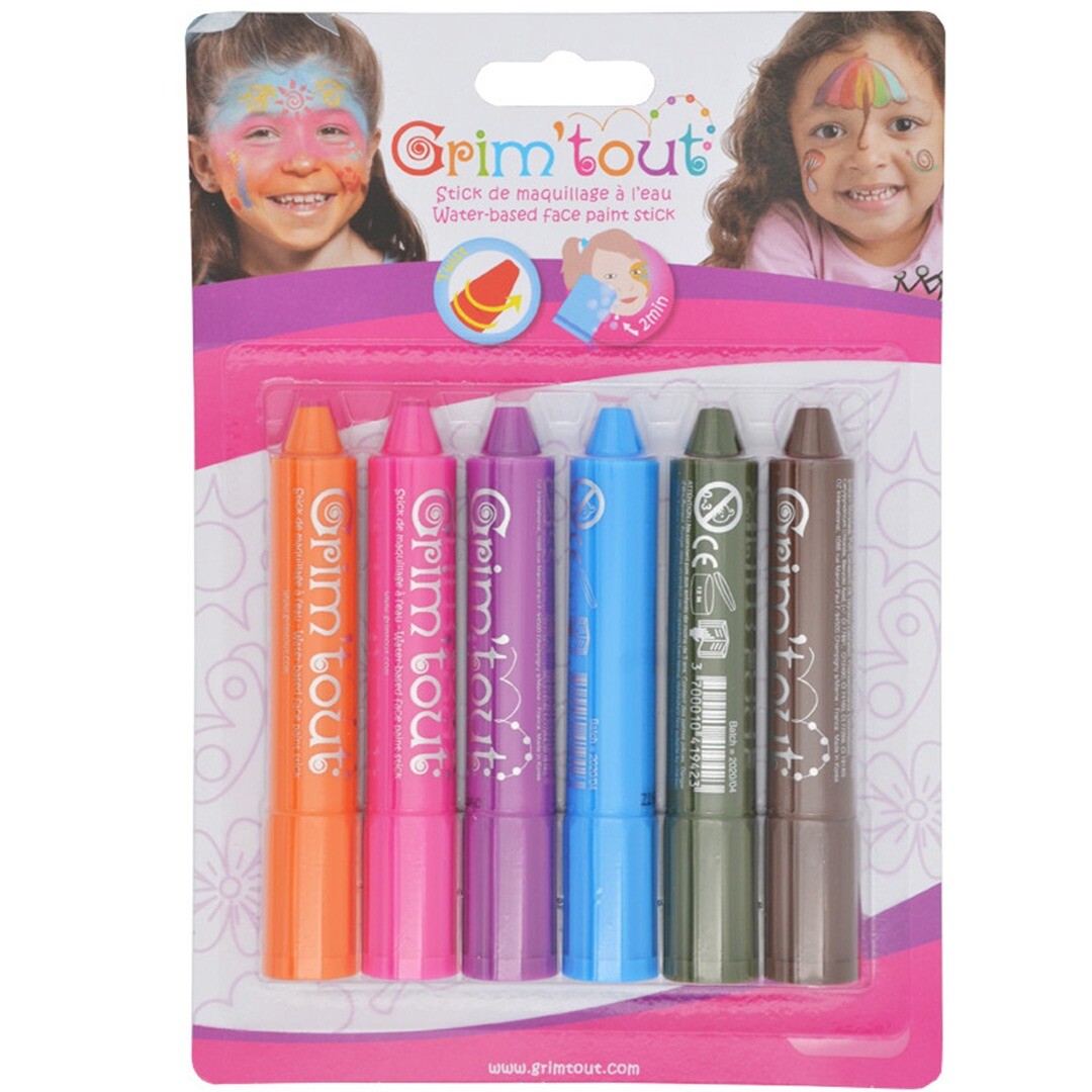 Verpakking van Grim'tout schminkstiften met zes kleuren, met afbeeldingen van kinderen met geschminkte gezichten.