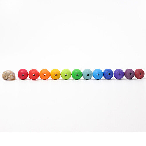 Een rij grimm's houten kralen in regenboogkleuren, met een slakkenhuisje ernaast voor schaal.