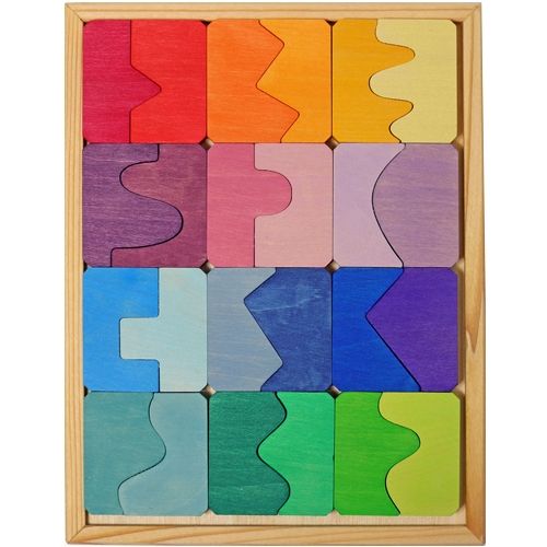 Grimm's houten puzzel met 12 veelkleurige, organisch gevormde blokken in een houten frame.