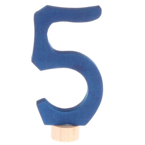 Grimm's blauw houten decoratiefiguur in de vorm van het cijfer 5.