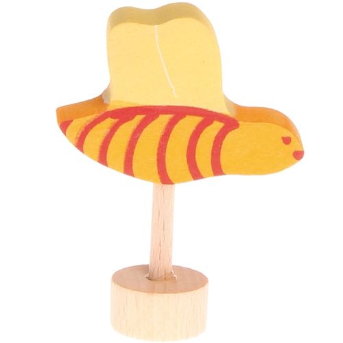 Grimm's houten decoratiefiguur van een gele bij met rode strepen op een houten voet.