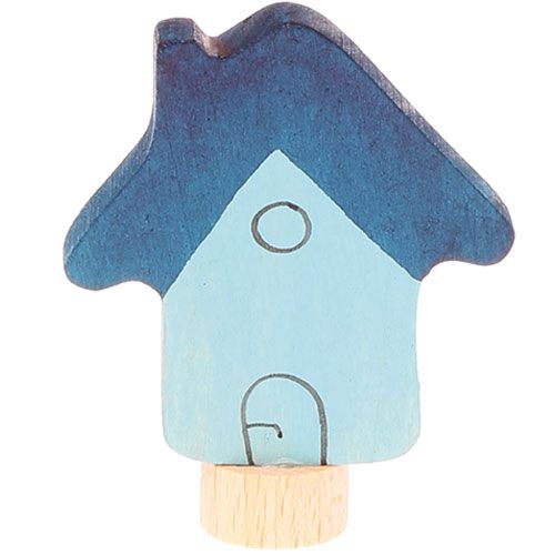 Grimm's houten decoratiefiguur in de vorm van een blauw huisje.