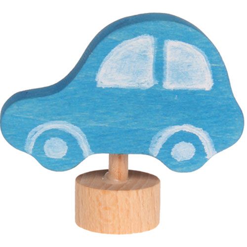 Grimm's houten decoratie figuur van een blauwe auto op een houten voet.