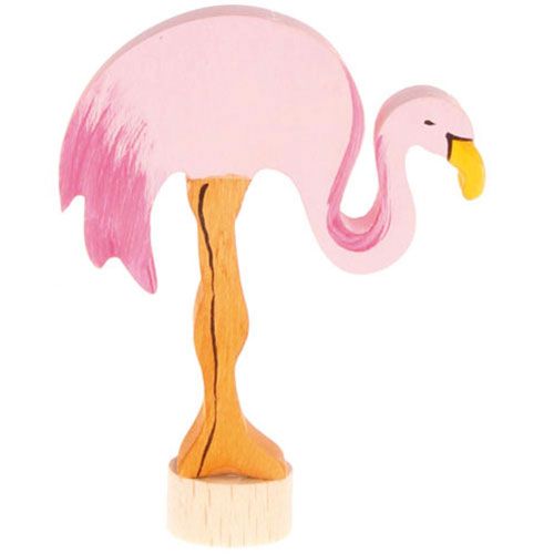 Grimm's houten decoratiefiguur van een roze flamingo.