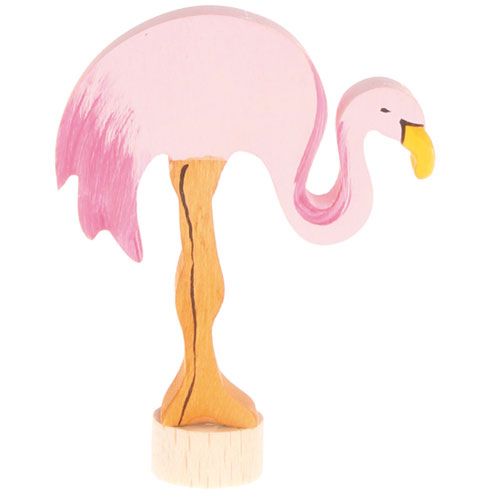 Grimm's houten decoratiefiguur van een roze flamingo.