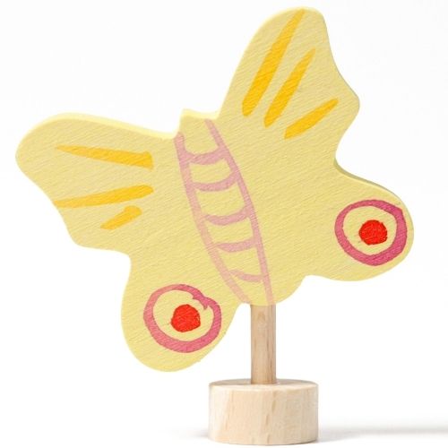 Grimm's houten decoratie figuur van een gele vlinder op een standaard.
