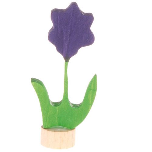 grimm's houten decoratie figuur van een lila bloem met groene bladeren.
