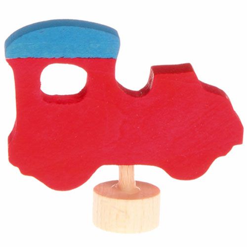 grimm's houten decoratie figuur van een rode locomotief met blauwe details.