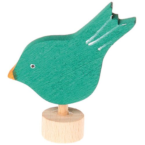 Grimm's houten decoratiefiguur van een groene pikkende vogel.