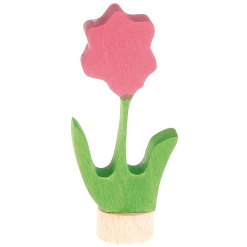 Grimm's houten decoratie figuur van een roze bloem met groene bladeren op een houten voet.