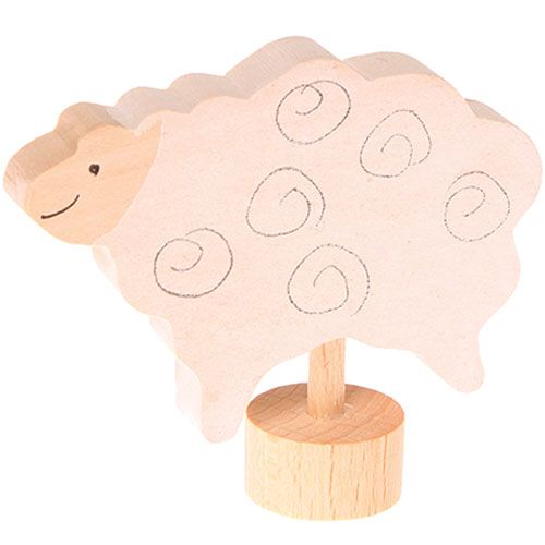 Grimm's houten decoratiefiguur van een beige schaap met wervelpatronen op een voetje.