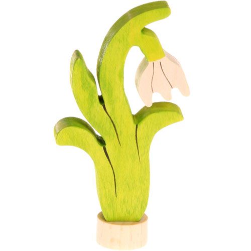 Grimm's houten decoratiefiguur van een sneeuwklokje met groene stengel en witte bloem.
